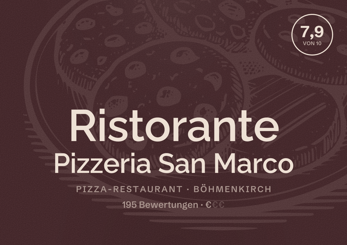 Illustriertes Poster von Ristorante Pizzeria San Marco, Pizza-Restaurant in Böhmenkirch: Bewertung 7,9 von 10 aus 195 Bewertungen, Preisniveau €