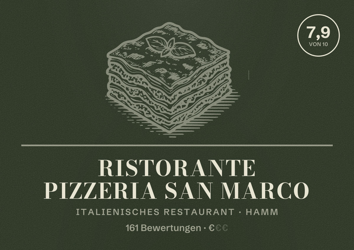 Illustriertes Poster von Ristorante Pizzeria San Marco, Italienisches Restaurant in Hamm: Bewertung 7,9 von 10 aus 161 Bewertungen, Preisniveau €