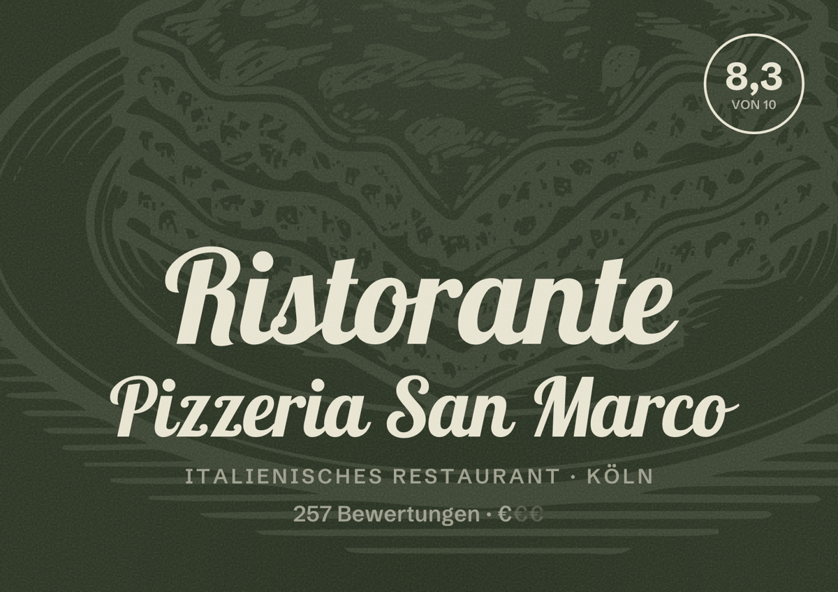 Illustriertes Poster von Ristorante Pizzeria San Marco, Italienisches Restaurant in Köln: Bewertung 8,3 von 10 aus 257 Bewertungen, Preisniveau €