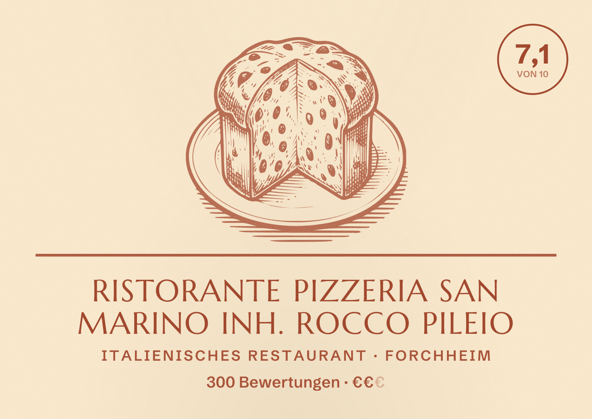 Illustriertes Poster von Ristorante Pizzeria San Marino Inh. Rocco Pileio, Italienisches Restaurant in Forchheim: Bewertung 7,1 von 10 aus 300 Bewertungen, Preisniveau €€