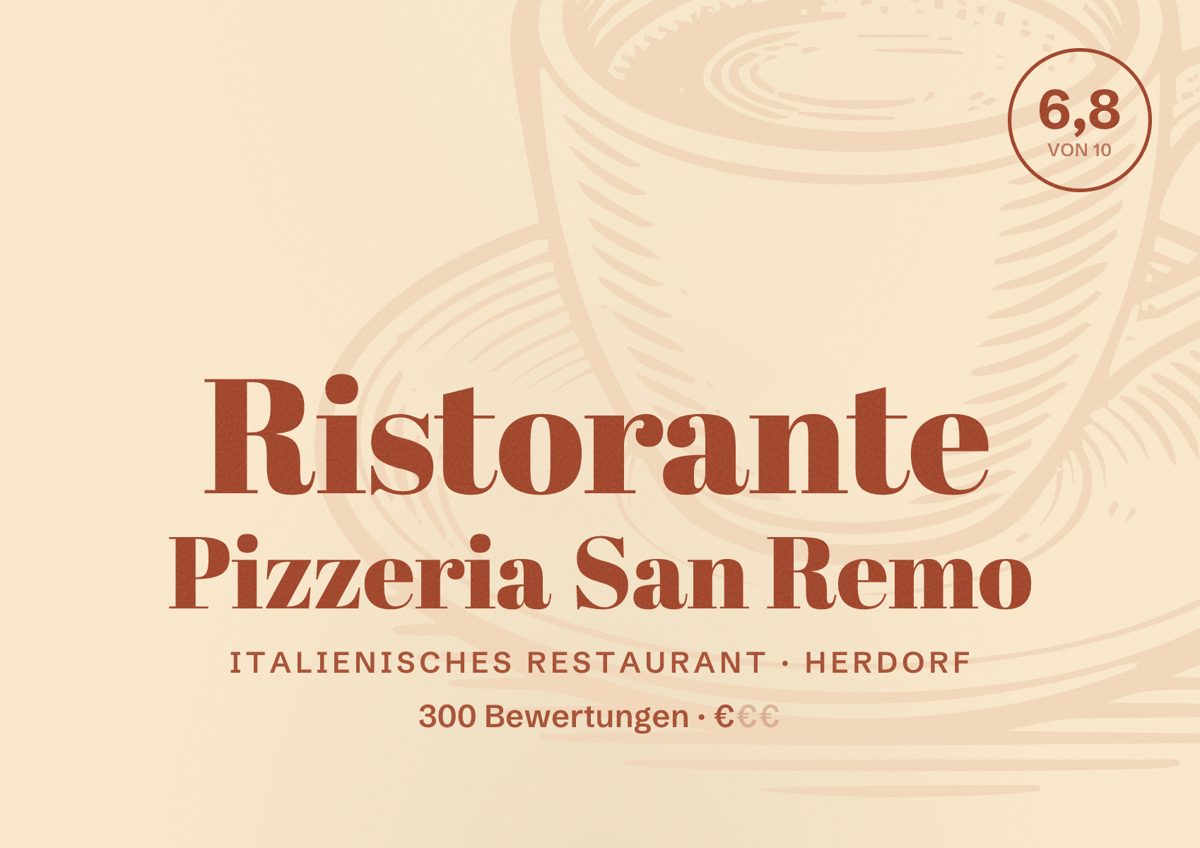 Illustriertes Poster von Ristorante Pizzeria San Remo, Italienisches Restaurant in Herdorf: Bewertung 6,8 von 10 aus 300 Bewertungen, Preisniveau €