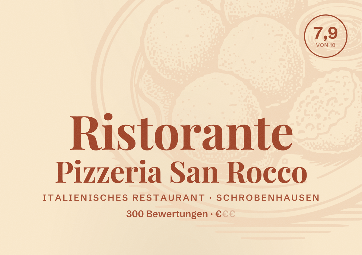 Illustriertes Poster von Ristorante Pizzeria San Rocco, Italienisches Restaurant in Schrobenhausen: Bewertung 7,9 von 10 aus 300 Bewertungen, Preisniveau €