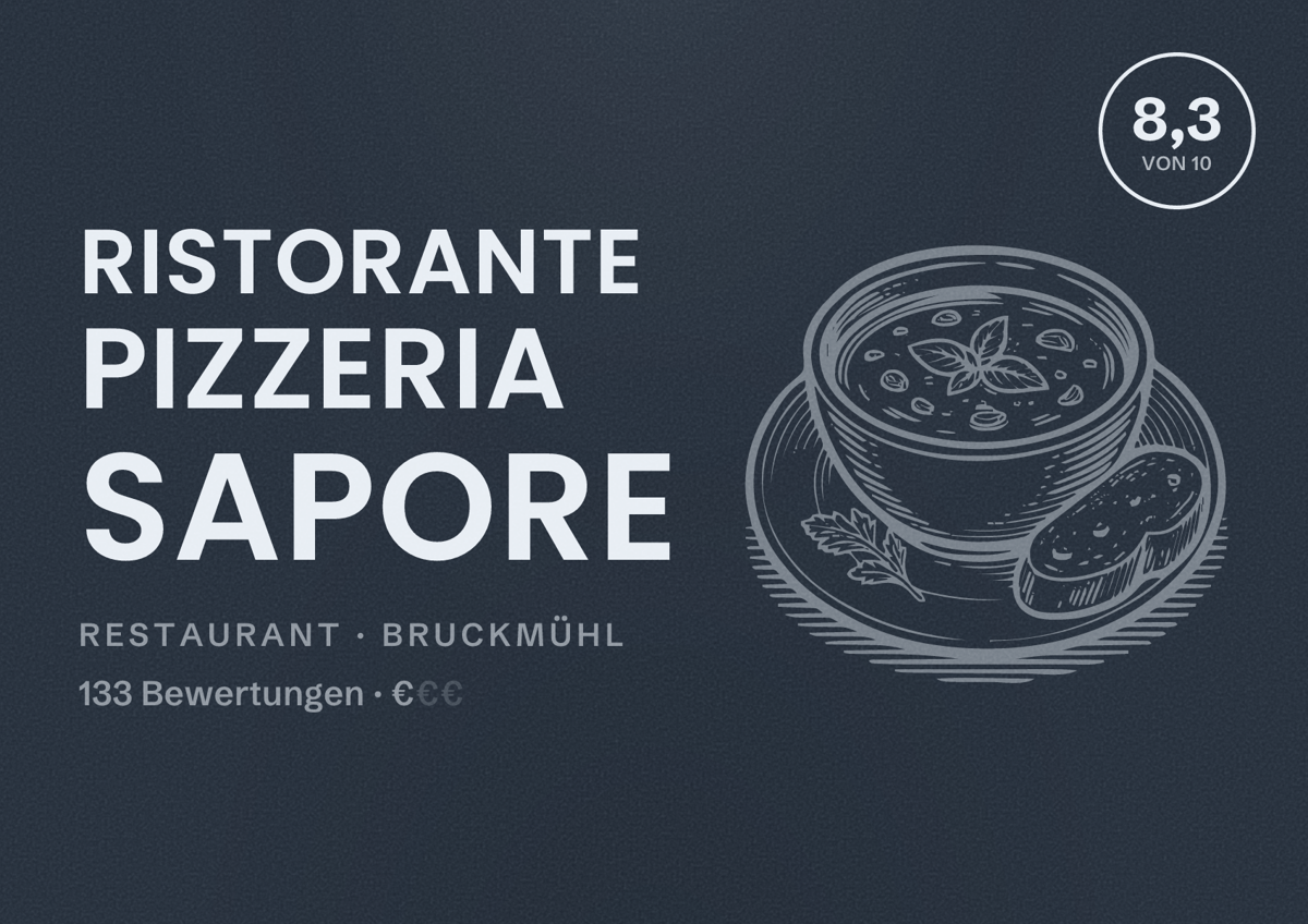 Illustriertes Poster von Ristorante Pizzeria Sapore, Restaurant in Bruckmühl: Bewertung 8,3 von 10 aus 133 Bewertungen, Preisniveau €