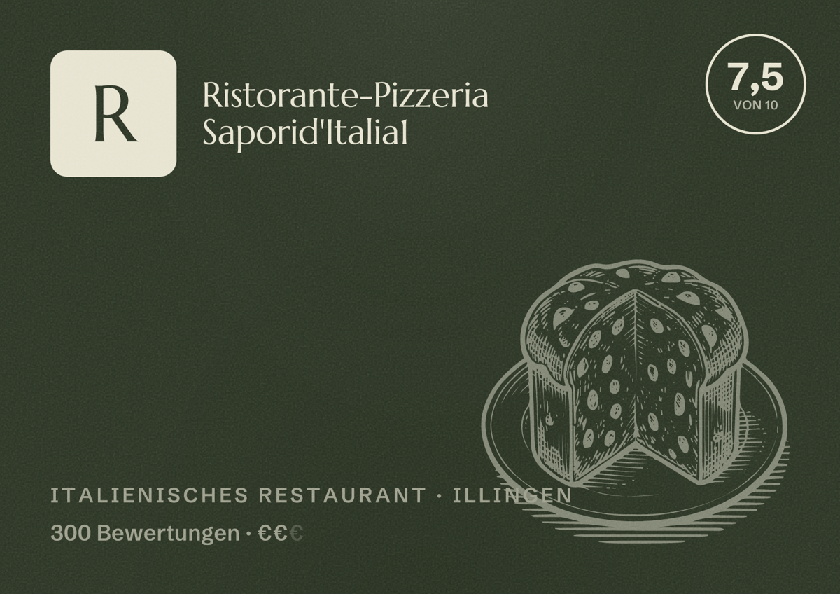 Illustriertes Poster von Ristorante-Pizzeria Saporid'Italia1, Italienisches Restaurant in Illingen: Bewertung 7,5 von 10 aus 300 Bewertungen, Preisniveau €€