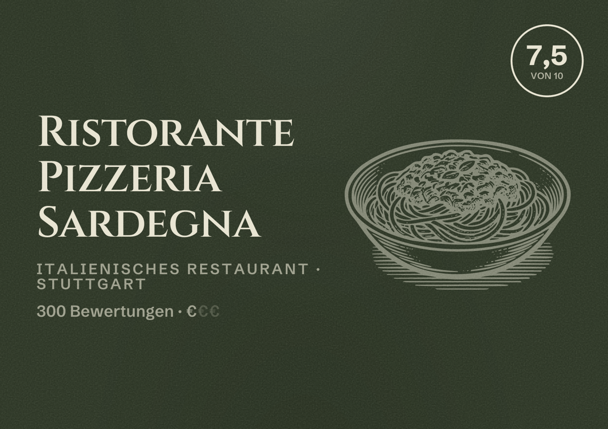 Illustriertes Poster von Ristorante Pizzeria Sardegna, Italienisches Restaurant in Stuttgart: Bewertung 7,5 von 10 aus 300 Bewertungen, Preisniveau €