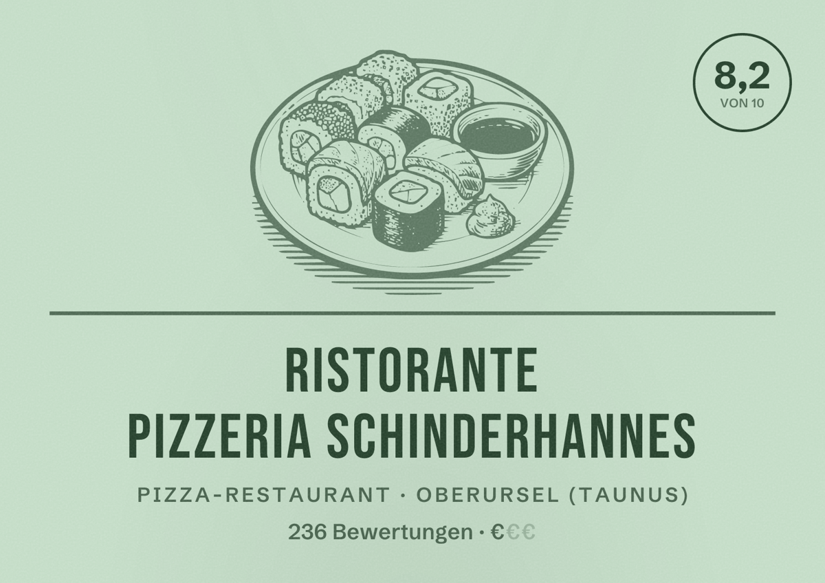 Illustriertes Poster von Ristorante Pizzeria Schinderhannes, Pizza-Restaurant in Oberursel (Taunus): Bewertung 8,2 von 10 aus 236 Bewertungen, Preisniveau €