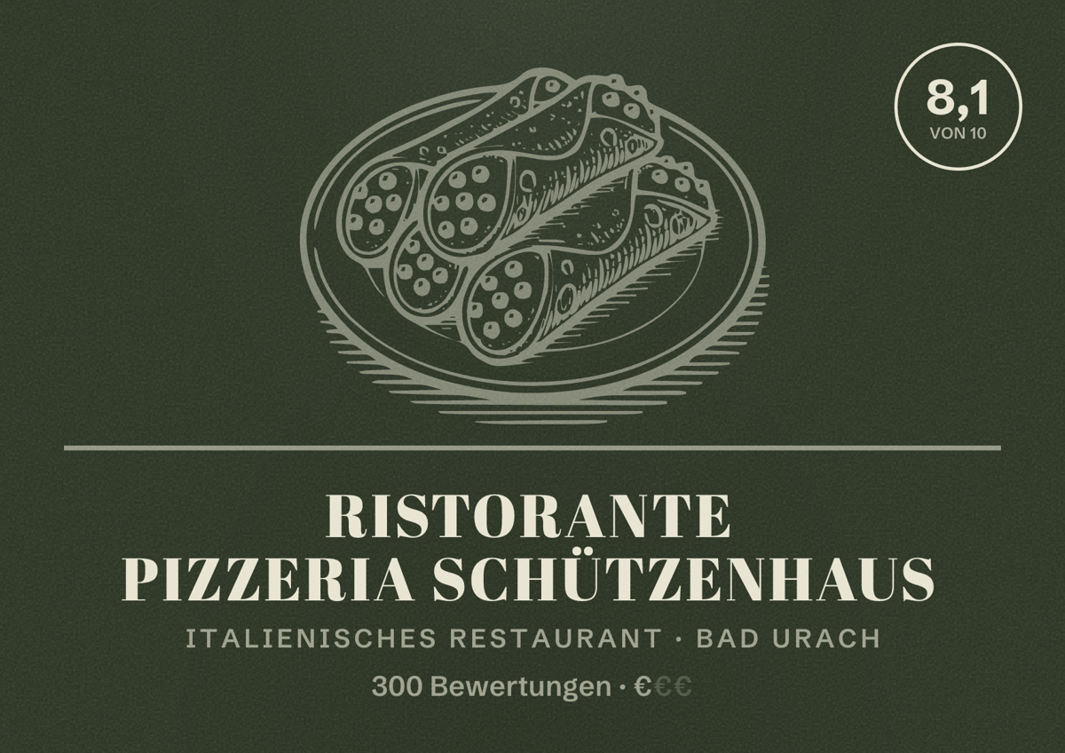 Illustriertes Poster von Ristorante Pizzeria Schützenhaus, Italienisches Restaurant in Bad Urach: Bewertung 8,1 von 10 aus 300 Bewertungen, Preisniveau €
