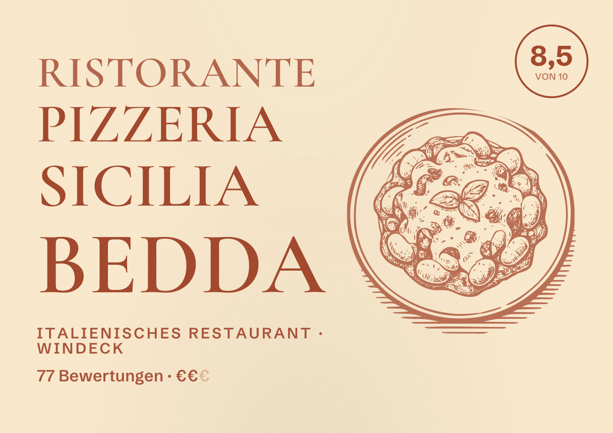 Illustriertes Poster von Ristorante Pizzeria Sicilia Bedda, Italienisches Restaurant in Windeck: Bewertung 8,5 von 10 aus 77 Bewertungen, Preisniveau €€