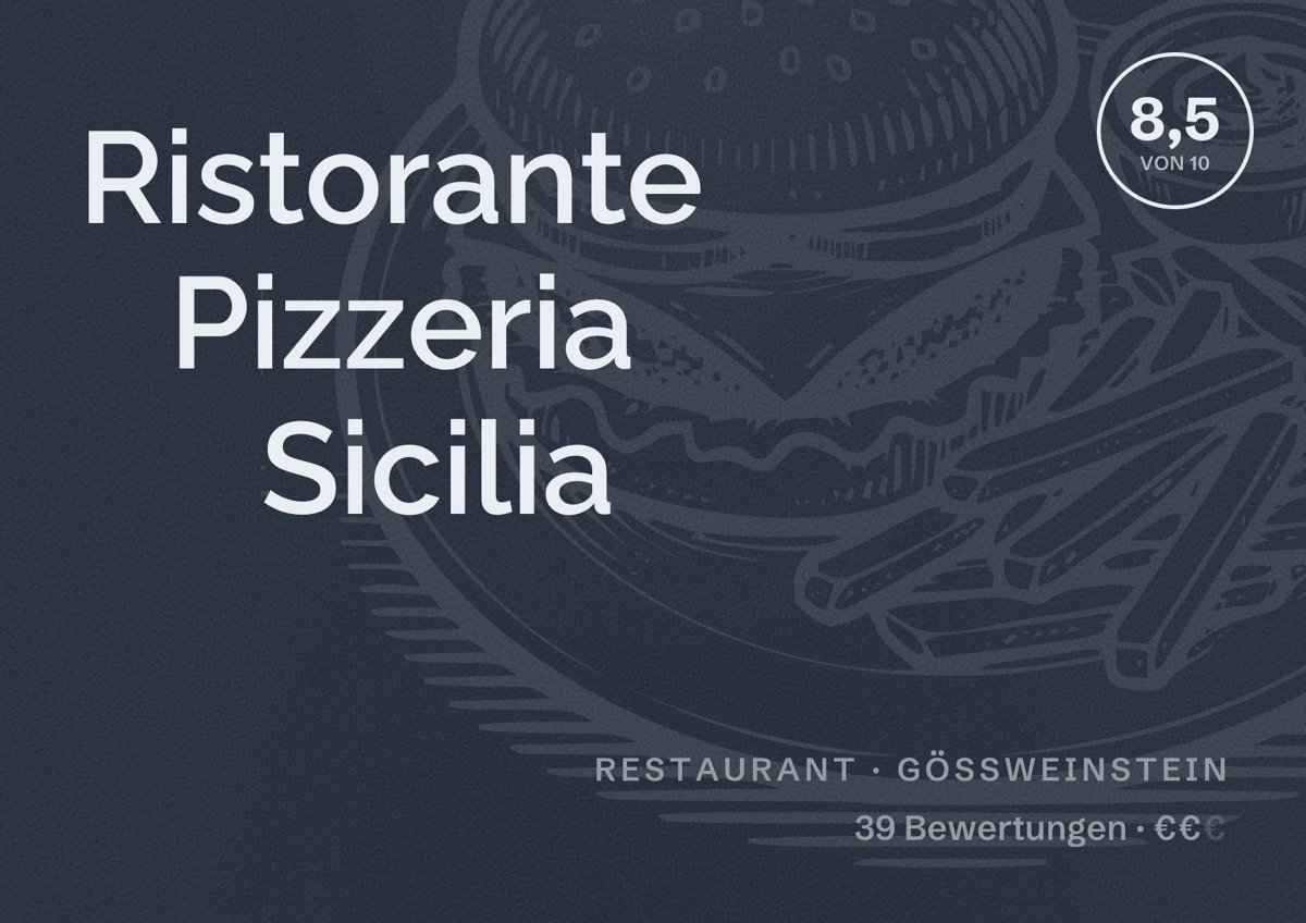 Illustriertes Poster von Ristorante Pizzeria Sicilia, Restaurant in Gößweinstein: Bewertung 8,5 von 10 aus 39 Bewertungen, Preisniveau €€