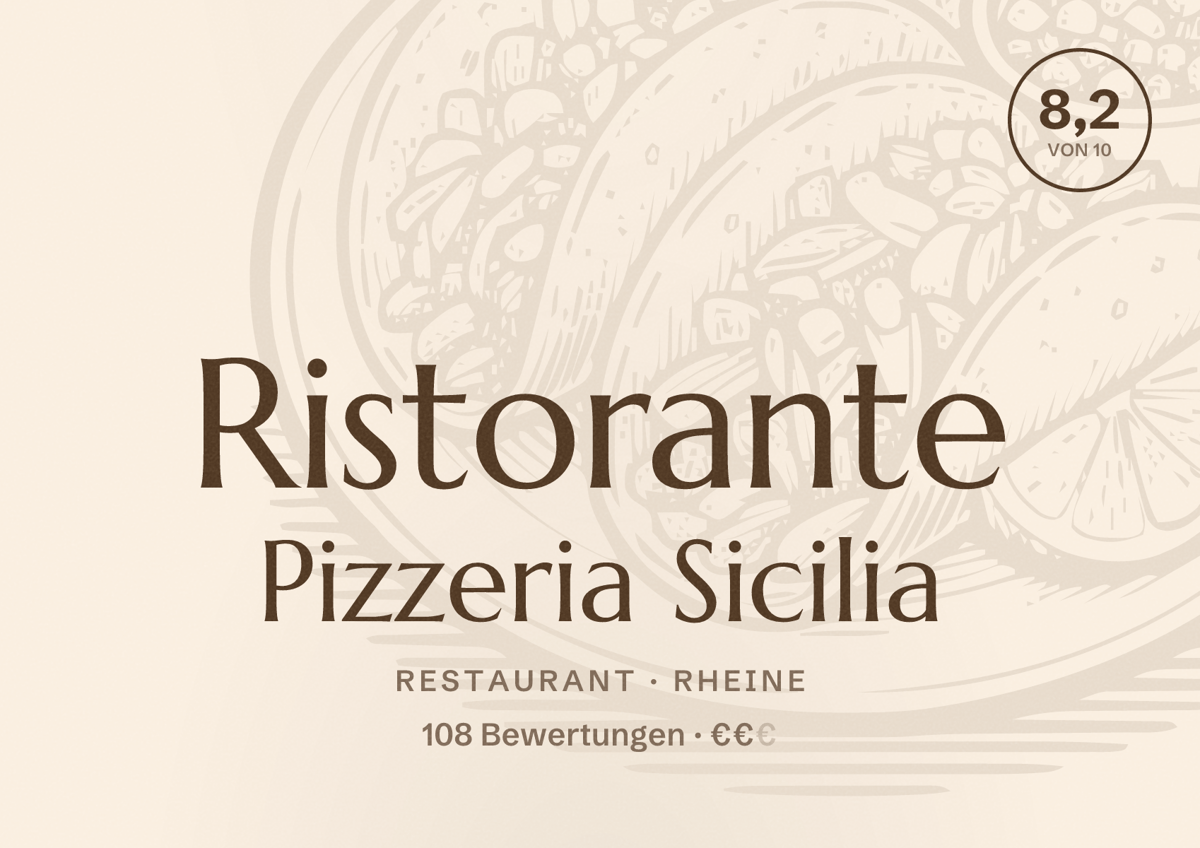 Illustriertes Poster von Ristorante Pizzeria Sicilia, Restaurant in Rheine: Bewertung 8,2 von 10 aus 108 Bewertungen, Preisniveau €€