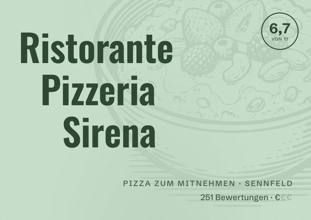Illustriertes Poster von Ristorante Pizzeria Sirena, Pizza zum Mitnehmen in Sennfeld: Bewertung 6,7 von 10 aus 251 Bewertungen, Preisniveau €