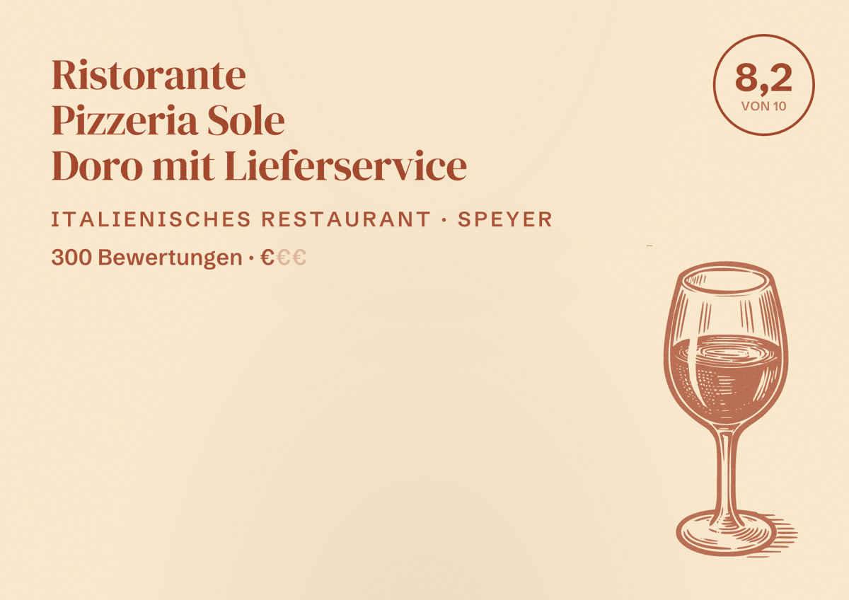 Illustriertes Poster von Ristorante Pizzeria Sole Doro mit Lieferservice, Italienisches Restaurant in Speyer: Bewertung 8,2 von 10 aus 300 Bewertungen, Preisniveau €