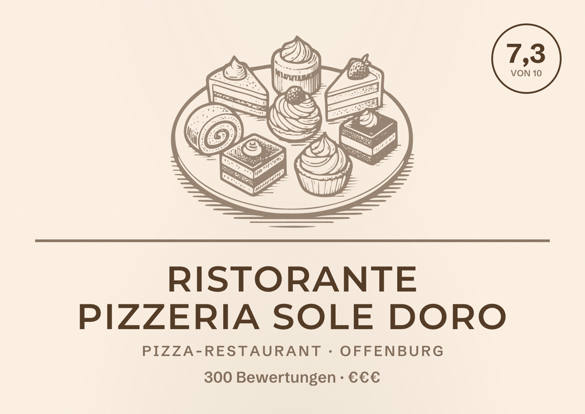 Illustriertes Poster von Ristorante Pizzeria Sole Doro, Pizza-Restaurant in Offenburg: Bewertung 7,3 von 10 aus 300 Bewertungen, Preisniveau €€€