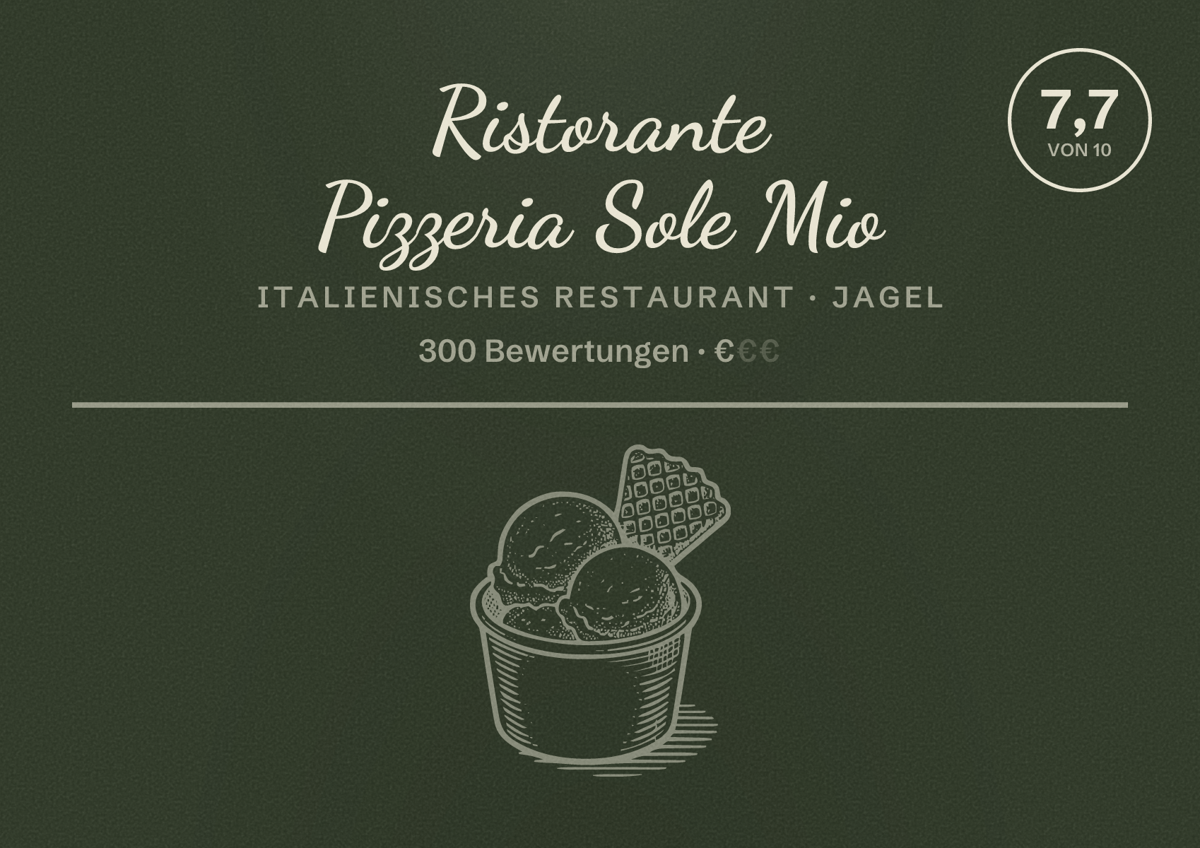 Illustriertes Poster von Ristorante Pizzeria Sole Mio, Italienisches Restaurant in Jagel: Bewertung 7,7 von 10 aus 300 Bewertungen, Preisniveau €