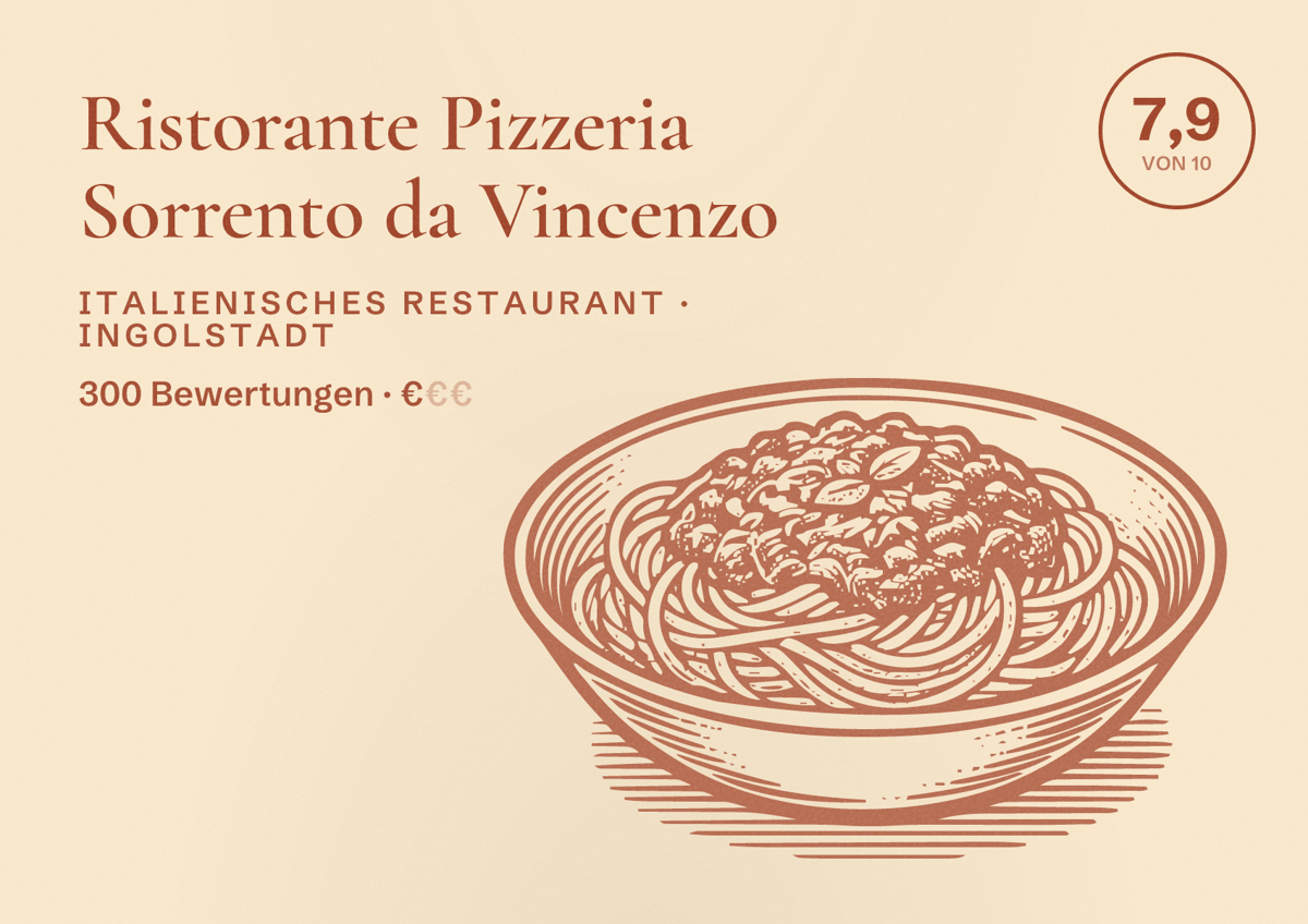 Illustriertes Poster von Ristorante Pizzeria Sorrento da Vincenzo, Italienisches Restaurant in Ingolstadt: Bewertung 7,9 von 10 aus 300 Bewertungen, Preisniveau €