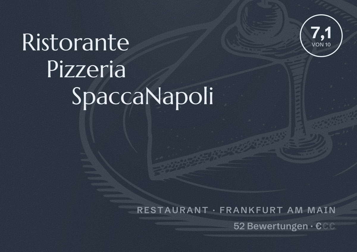 Illustriertes Poster von Ristorante Pizzeria SpaccaNapoli, Restaurant in Frankfurt am Main: Bewertung 7,1 von 10 aus 52 Bewertungen, Preisniveau €