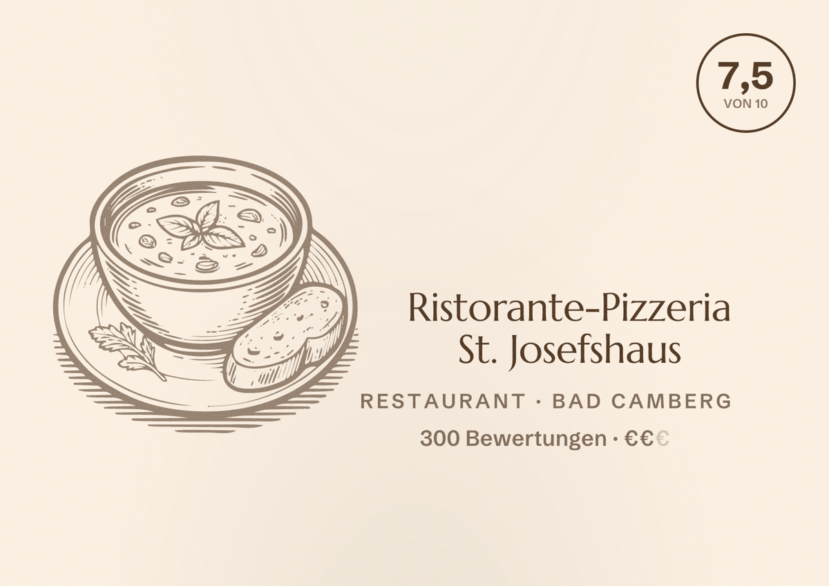 Illustriertes Poster von Ristorante-Pizzeria St. Josefshaus, Restaurant in Bad Camberg: Bewertung 7,5 von 10 aus 300 Bewertungen, Preisniveau €€
