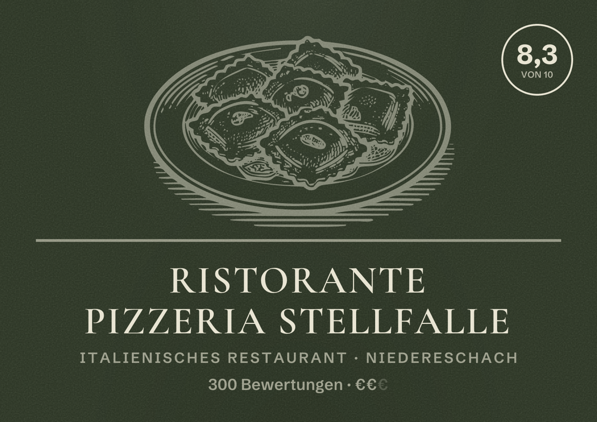 Illustriertes Poster von Ristorante Pizzeria Stellfalle, Italienisches Restaurant in Niedereschach: Bewertung 8,3 von 10 aus 300 Bewertungen, Preisniveau €€