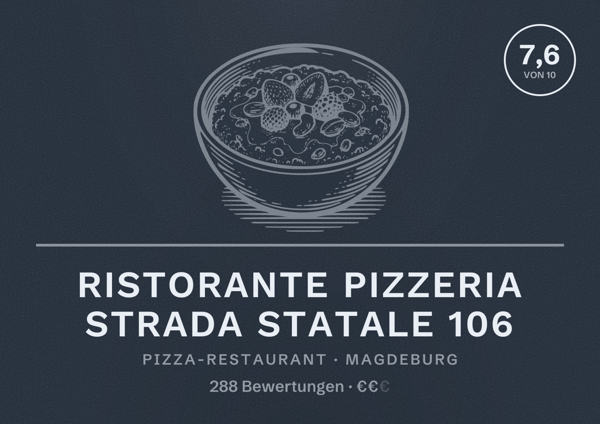 Illustriertes Poster von Ristorante Pizzeria Strada Statale 106, Pizza-Restaurant in Magdeburg: Bewertung 7,6 von 10 aus 288 Bewertungen, Preisniveau €€