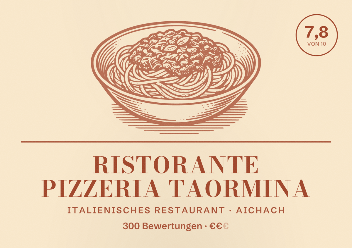 Illustriertes Poster von Ristorante Pizzeria Taormina, Italienisches Restaurant in Aichach: Bewertung 7,8 von 10 aus 300 Bewertungen, Preisniveau €€