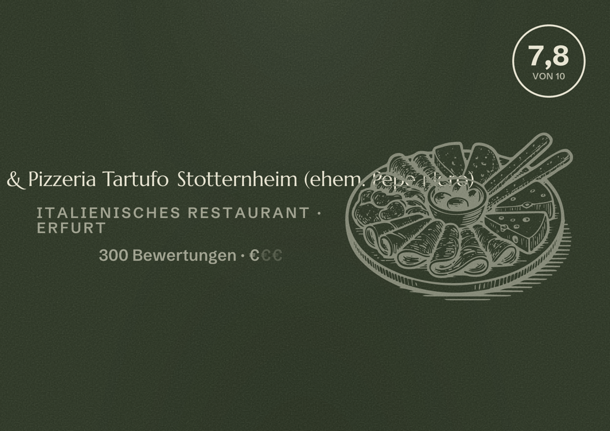 Illustriertes Poster von Ristorante & Pizzeria Tartufo Stotternheim (ehem. Pepe Nero), Italienisches Restaurant in Erfurt: Bewertung 7,8 von 10 aus 300 Bewertungen, Preisniveau €