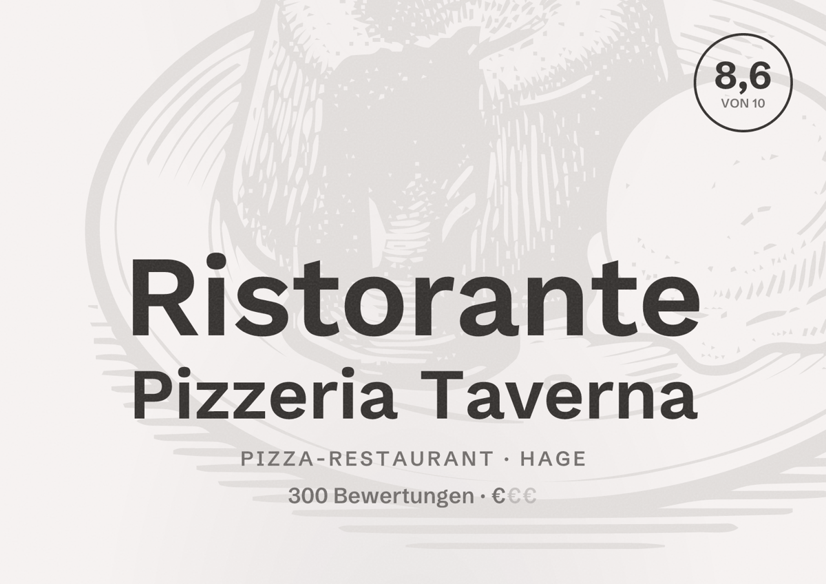 Illustriertes Poster von Ristorante Pizzeria Taverna, Pizza-Restaurant in Hage: Bewertung 8,6 von 10 aus 300 Bewertungen, Preisniveau €