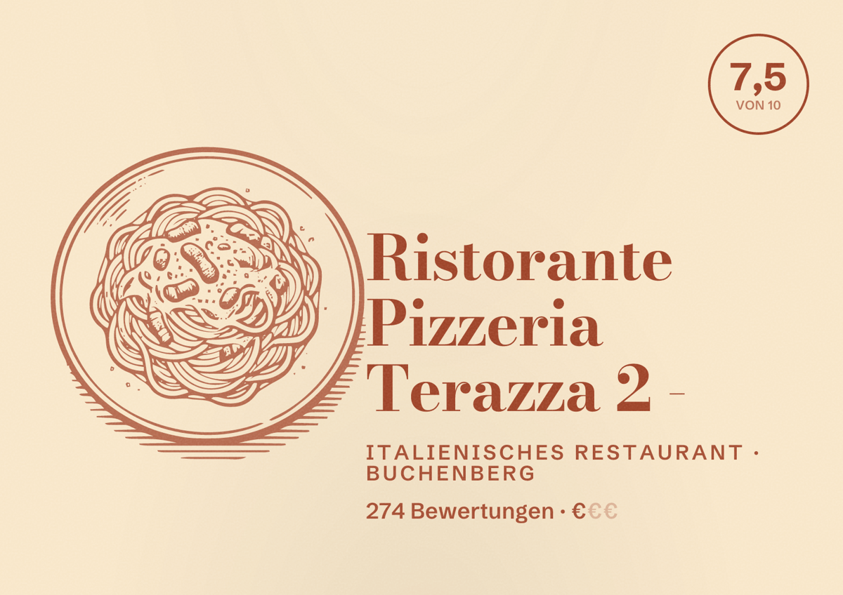 Illustriertes Poster von Ristorante Pizzeria Terazza 2 -, Italienisches Restaurant in Buchenberg: Bewertung 7,5 von 10 aus 274 Bewertungen, Preisniveau €