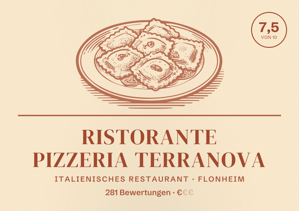 Illustriertes Poster von Ristorante Pizzeria Terranova, Italienisches Restaurant in Flonheim: Bewertung 7,5 von 10 aus 281 Bewertungen, Preisniveau €