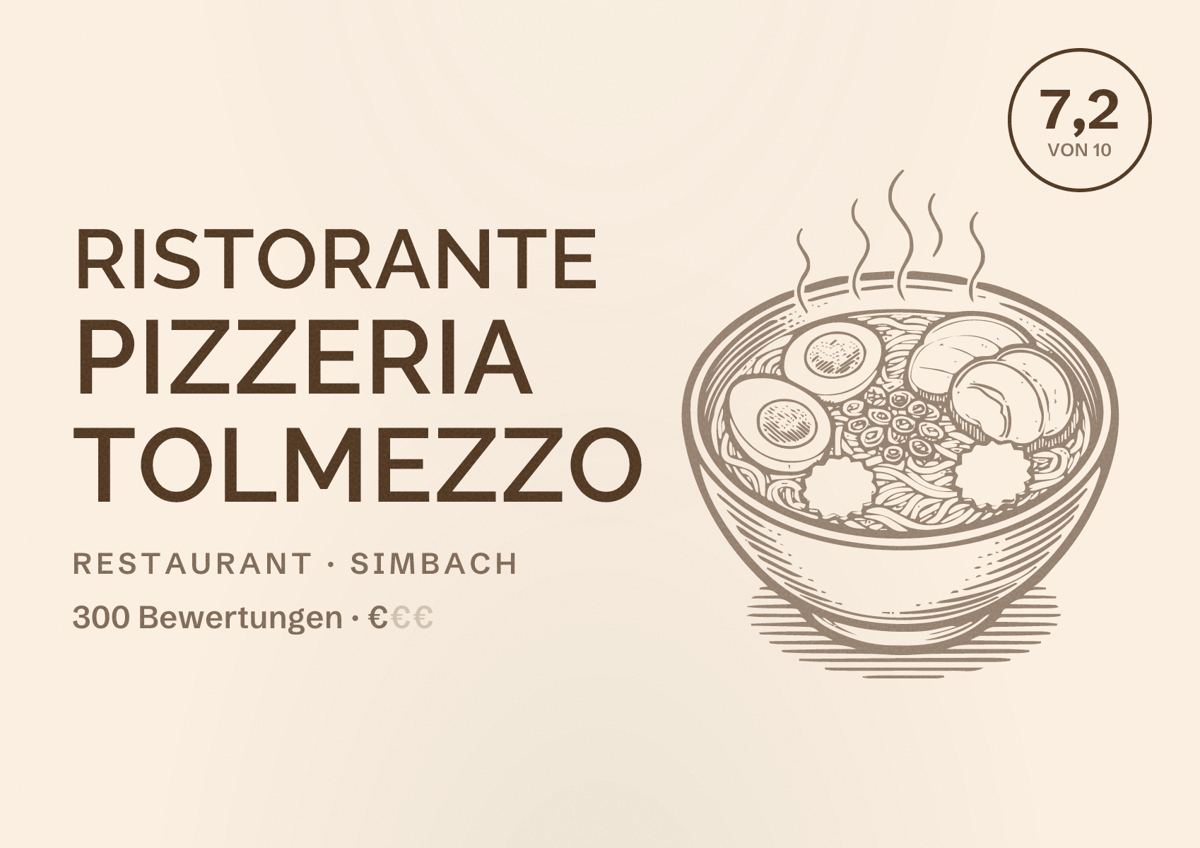 Illustriertes Poster von Ristorante Pizzeria Tolmezzo, Restaurant in Simbach: Bewertung 7,2 von 10 aus 300 Bewertungen, Preisniveau €