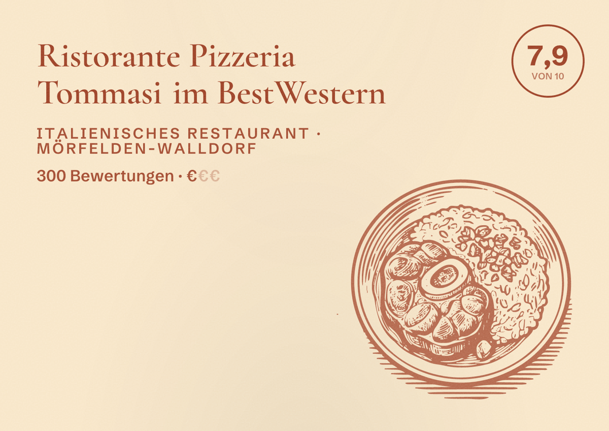 Illustriertes Poster von Ristorante Pizzeria Tommasi im BestWestern, Italienisches Restaurant in Mörfelden-Walldorf: Bewertung 7,9 von 10 aus 300 Bewertungen, Preisniveau €