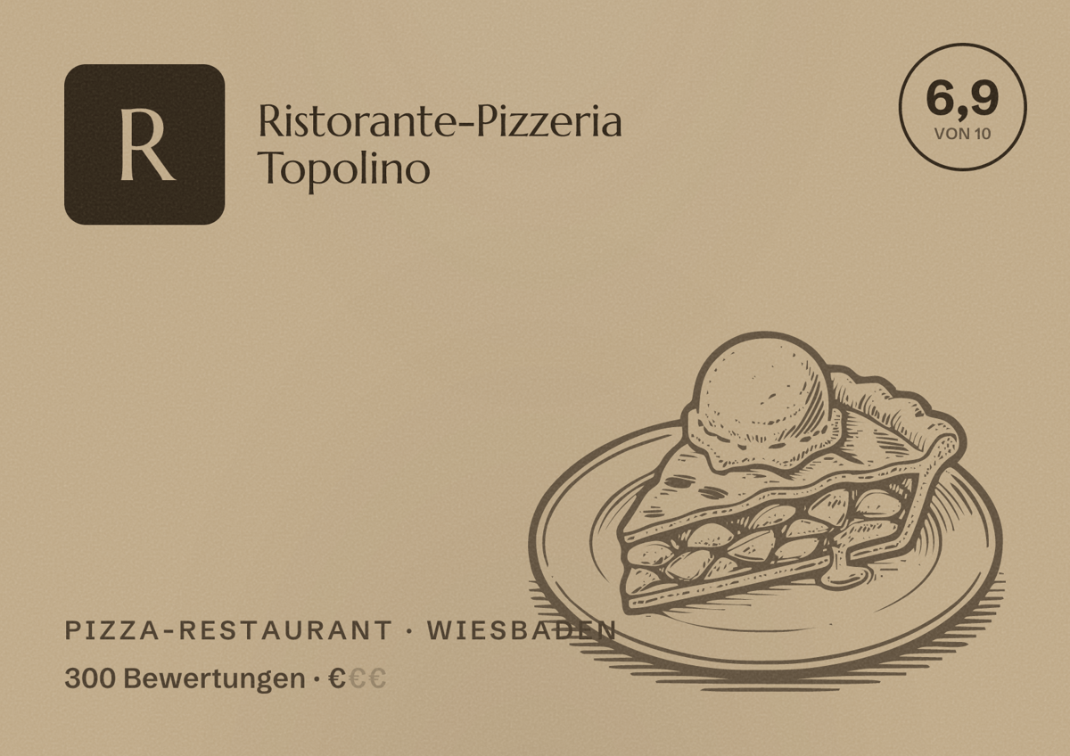 Illustriertes Poster von Ristorante-Pizzeria Topolino, Pizza-Restaurant in Wiesbaden: Bewertung 6,9 von 10 aus 300 Bewertungen, Preisniveau €