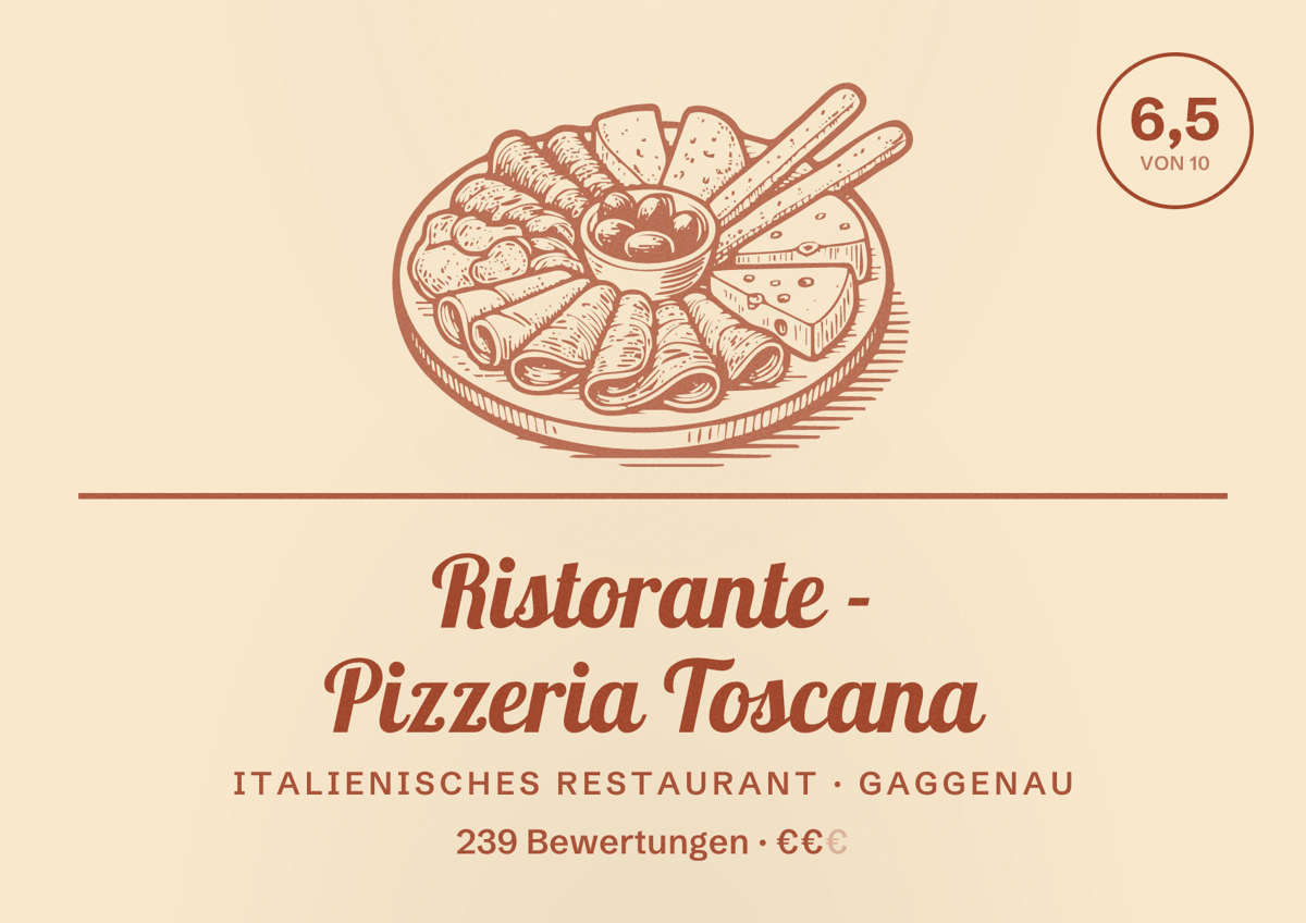 Illustriertes Poster von Ristorante - Pizzeria Toscana, Italienisches Restaurant in Gaggenau: Bewertung 6,5 von 10 aus 239 Bewertungen, Preisniveau €€