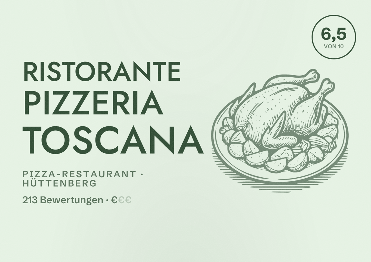 Illustriertes Poster von Ristorante Pizzeria Toscana, Pizza-Restaurant in Hüttenberg: Bewertung 6,5 von 10 aus 213 Bewertungen, Preisniveau €