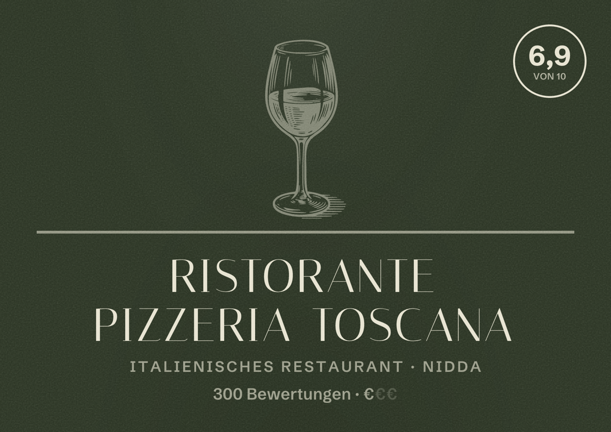 Illustriertes Poster von Ristorante Pizzeria Toscana, Italienisches Restaurant in Nidda: Bewertung 6,9 von 10 aus 300 Bewertungen, Preisniveau €