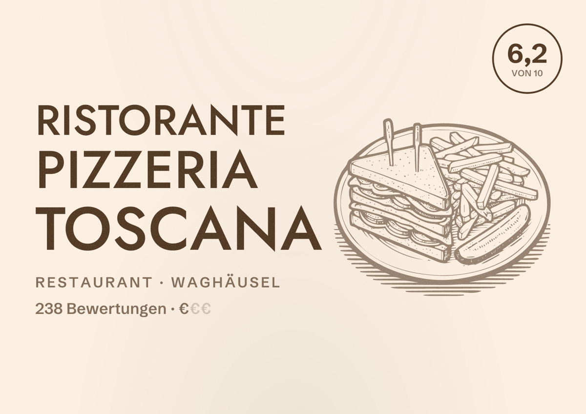 Illustriertes Poster von Ristorante Pizzeria Toscana, Restaurant in Waghäusel: Bewertung 6,2 von 10 aus 238 Bewertungen, Preisniveau €