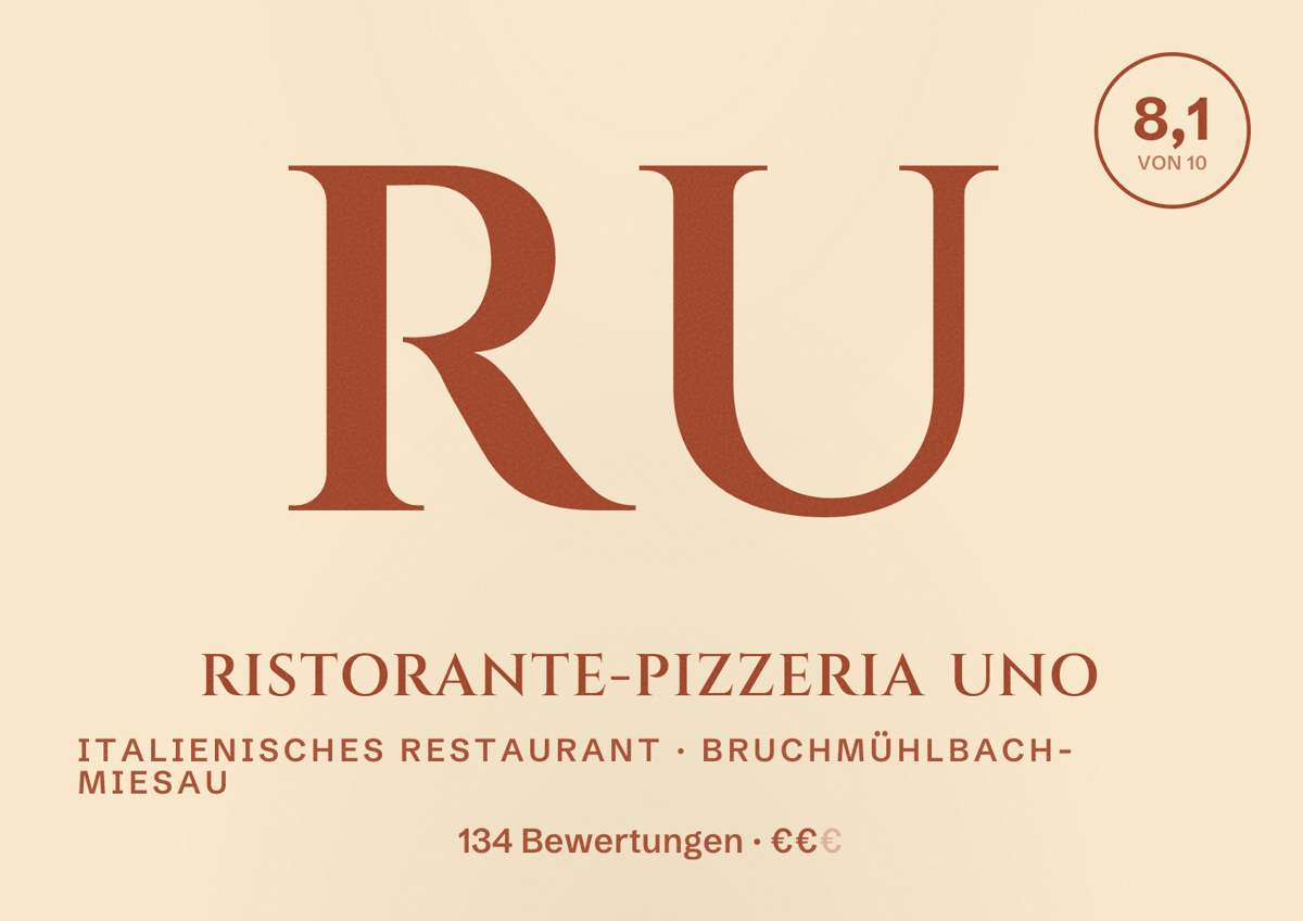 Illustriertes Poster von Ristorante-Pizzeria UNO, Italienisches Restaurant in Bruchmühlbach-Miesau: Bewertung 8,1 von 10 aus 134 Bewertungen, Preisniveau €€