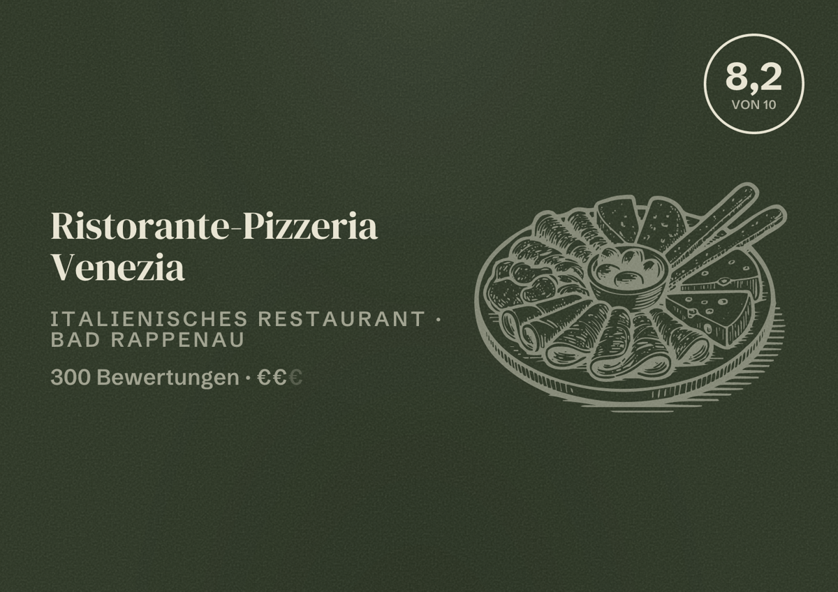 Illustriertes Poster von Ristorante-Pizzeria Venezia, Italienisches Restaurant in Bad Rappenau: Bewertung 8,2 von 10 aus 300 Bewertungen, Preisniveau €€