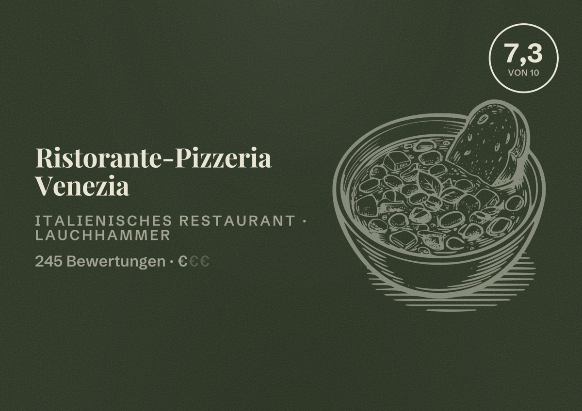 Illustriertes Poster von Ristorante-Pizzeria Venezia, Italienisches Restaurant in Lauchhammer: Bewertung 7,3 von 10 aus 245 Bewertungen, Preisniveau €