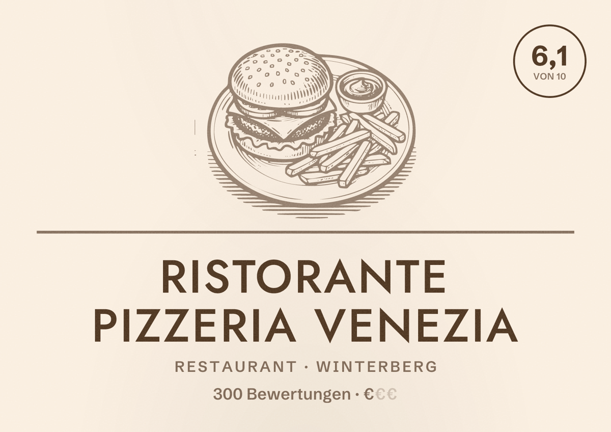 Illustriertes Poster von Ristorante Pizzeria Venezia, Restaurant in Winterberg: Bewertung 6,1 von 10 aus 300 Bewertungen, Preisniveau €