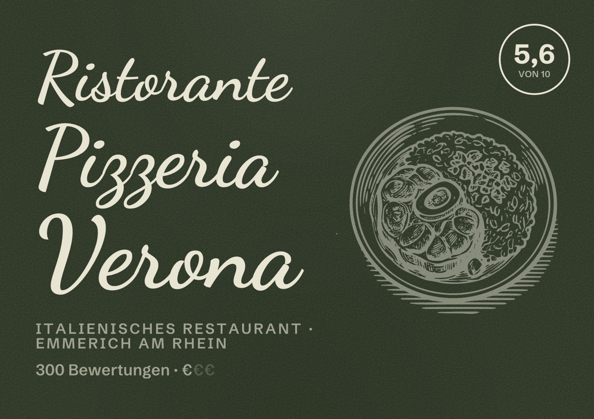 Illustriertes Poster von Ristorante Pizzeria Verona, Italienisches Restaurant in Emmerich am Rhein: Bewertung 5,6 von 10 aus 300 Bewertungen, Preisniveau €