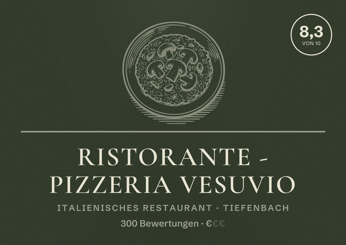 Illustriertes Poster von Ristorante - Pizzeria Vesuvio, Italienisches Restaurant in Tiefenbach: Bewertung 8,3 von 10 aus 300 Bewertungen, Preisniveau €