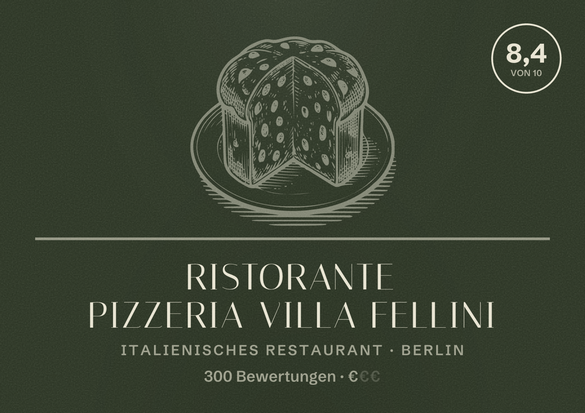 Illustriertes Poster von Ristorante Pizzeria Villa Fellini, Italienisches Restaurant in Berlin: Bewertung 8,4 von 10 aus 300 Bewertungen, Preisniveau €