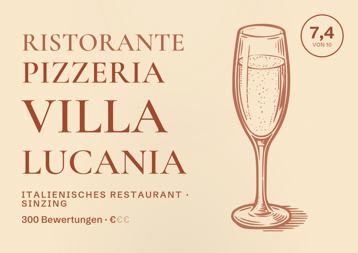 Illustriertes Poster von Ristorante Pizzeria Villa Lucania, Italienisches Restaurant in Sinzing: Bewertung 7,4 von 10 aus 300 Bewertungen, Preisniveau €