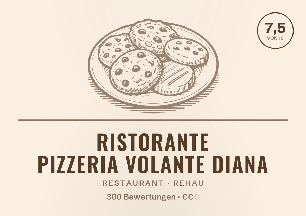 Illustriertes Poster von Ristorante Pizzeria Volante Diana, Restaurant in Rehau: Bewertung 7,5 von 10 aus 300 Bewertungen, Preisniveau €€
