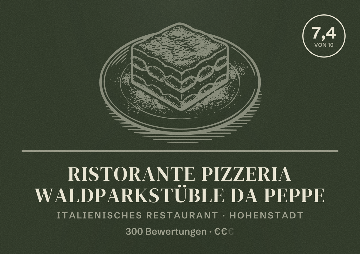 Illustriertes Poster von Ristorante Pizzeria Waldparkstüble da Peppe, Italienisches Restaurant in Hohenstadt: Bewertung 7,4 von 10 aus 300 Bewertungen, Preisniveau €€