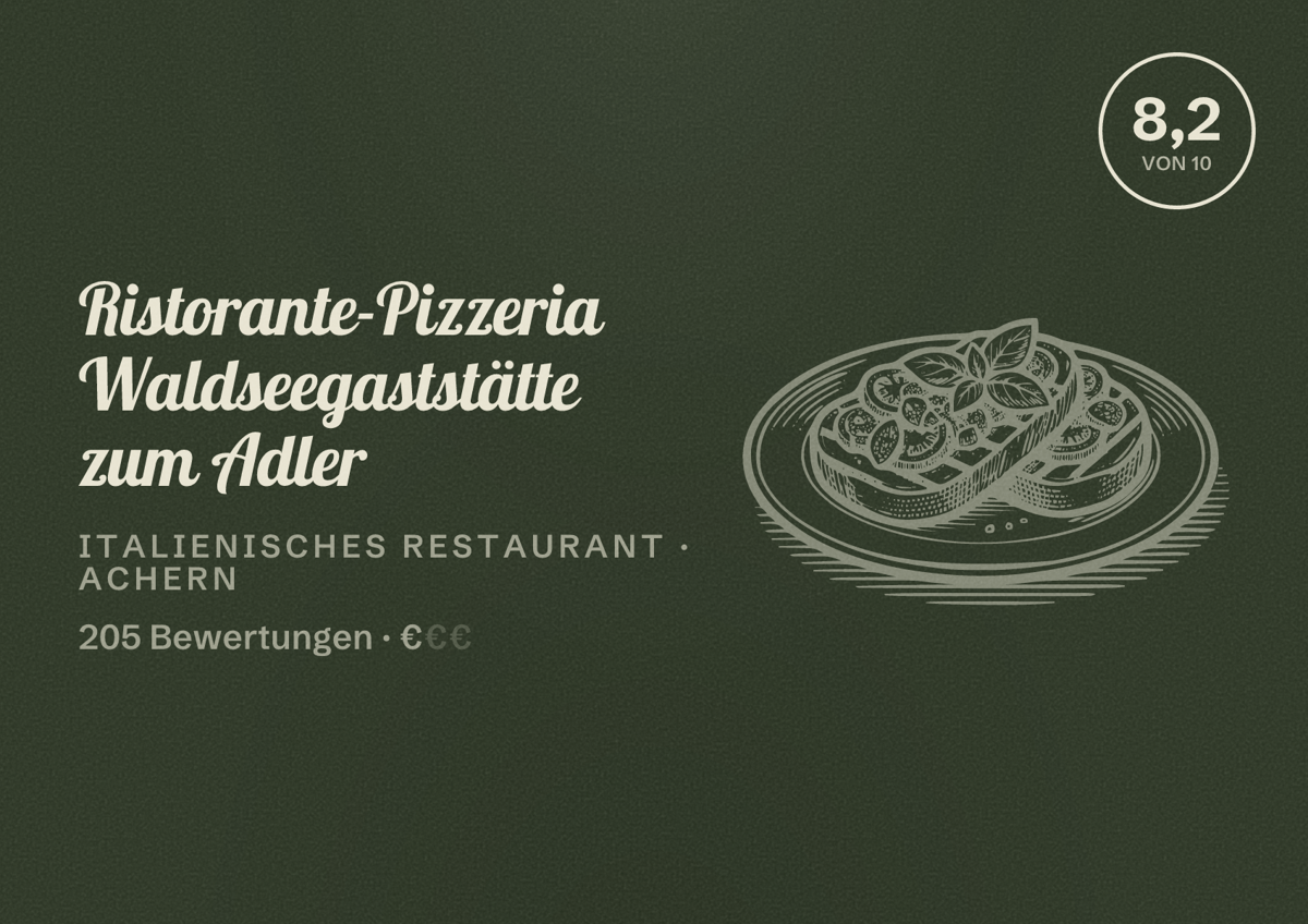 Illustriertes Poster von Ristorante-Pizzeria Waldseegaststätte zum Adler, Italienisches Restaurant in Achern: Bewertung 8,2 von 10 aus 205 Bewertungen, Preisniveau €