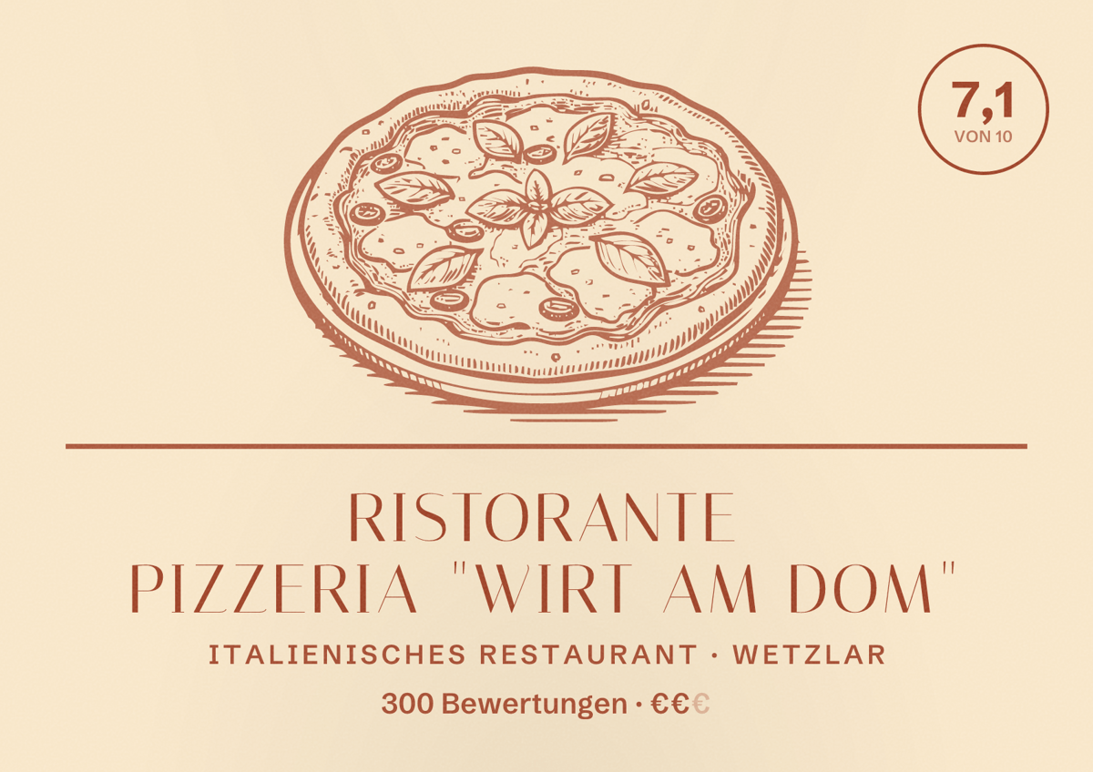 Illustriertes Poster von Ristorante Pizzeria "Wirt am Dom", Italienisches Restaurant in Wetzlar: Bewertung 7,1 von 10 aus 300 Bewertungen, Preisniveau €€