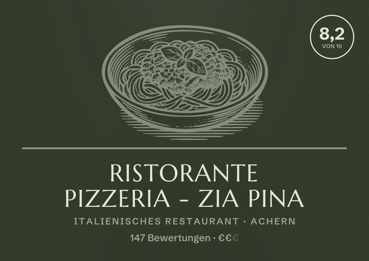 Illustriertes Poster von Ristorante Pizzeria - zia Pina, Italienisches Restaurant in Achern: Bewertung 8,2 von 10 aus 147 Bewertungen, Preisniveau €€