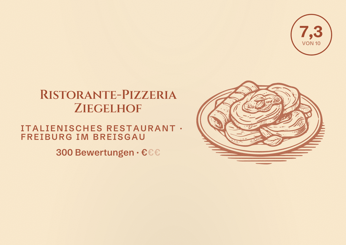 Illustriertes Poster von Ristorante-Pizzeria Ziegelhof, Italienisches Restaurant in Freiburg im Breisgau: Bewertung 7,3 von 10 aus 300 Bewertungen, Preisniveau €