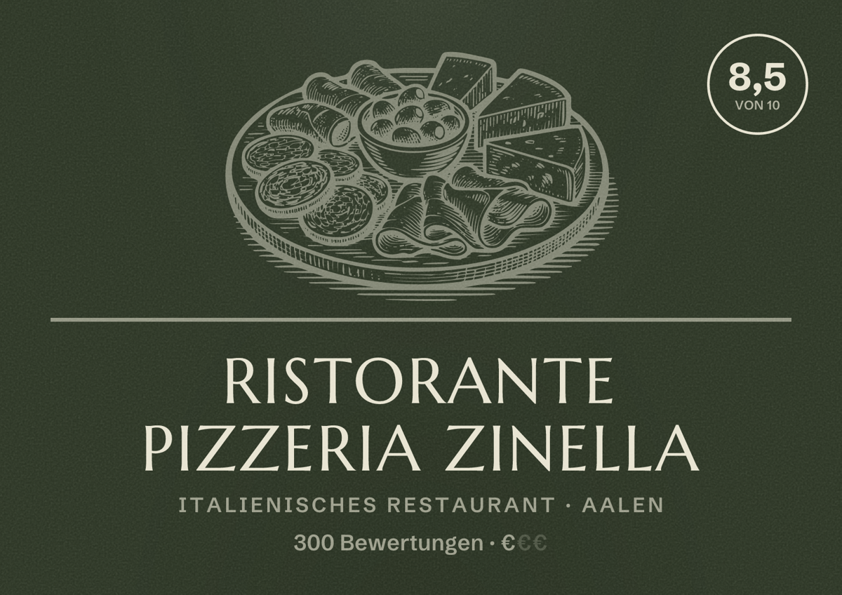 Illustriertes Poster von Ristorante Pizzeria Zinella, Italienisches Restaurant in Aalen: Bewertung 8,5 von 10 aus 300 Bewertungen, Preisniveau €